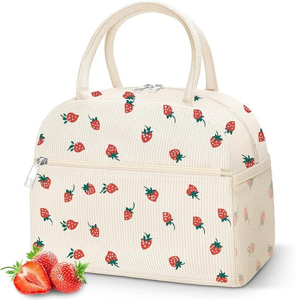 DALINDA Insulated Strawberry Lunch Bag for Women,Cute Corduroy Lunch Tote Bags Lunch Box Water-Resistant Large Capacity Reusable Insulated Cooler for Work Picnic or Travel