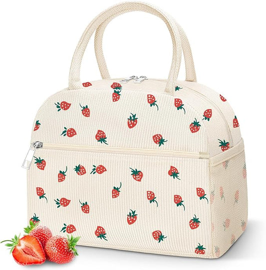 DALINDA Insulated Strawberry Lunch Bag for Women,Cute Corduroy Lunch Tote Bags Lunch Box Water-Resistant Large Capacity Reusable Insulated Cooler for Work Picnic or Travel