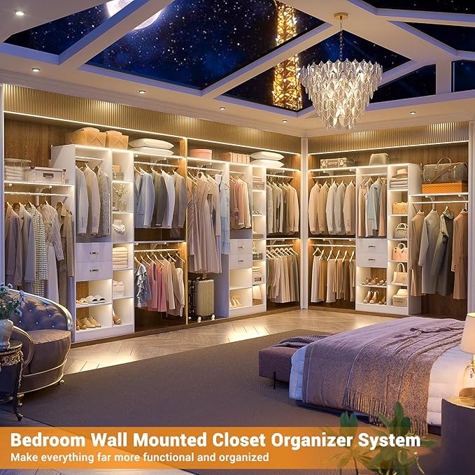 Upgraded 96 Closet System with 18 Storage Place, 8FT Closet Organizers System with 13 Shelves and 2 Wooden Drawers, 96'' Walk-in Closet with 4 Hanging Rods, Adjustable Garment Rack, White