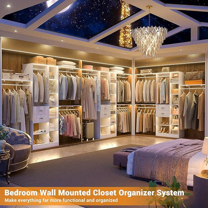 Upgraded 96 Closet System with 18 Storage Place, 8FT Closet Organizers System with 13 Shelves and 2 Wooden Drawers, 96'' Walk-in Closet with 4 Hanging Rods, Adjustable Garment Rack, White
