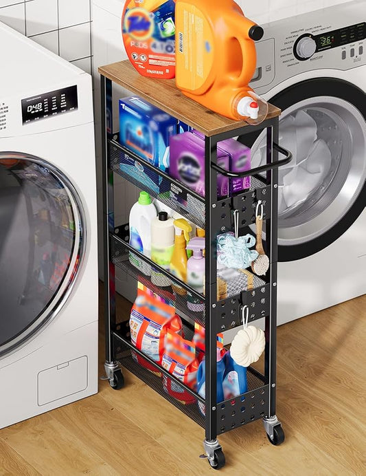 Utility Slim Storage Cart, Skinny Rolling Spice Rack with Table Top, Small Laundry Organizers and Storage Shelves for Between Washer and Dryer, Thin Shelf for Narrow Spaces, 4 Tier Bathroom Cabinet
