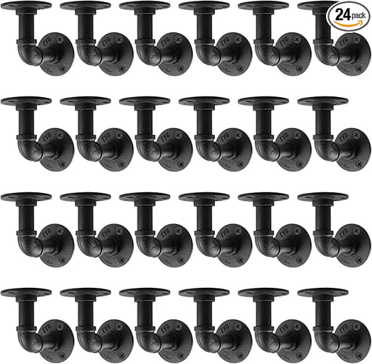 MUZIK Floating Shelf Bracket, 24 Pack Heavy Duty Wall Mount Metal Shelving Brackets for Shelves, Industrial Vintage Black Iron Finish DIY Pipe Shelving (4*4 Inch)