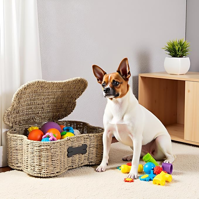 Morezi Personalized Dog Toy Basket bin Box with lid Bone Shape Designed Great for organizing pet Dogs Cats chew Toys leashes Clothing in Living Room Area playroom Closet Shelf Gift Basket