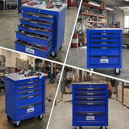 5-Drawer Rolling Tool Chest with Stainless Steel Countertop,Tool Chest with Secure Locking System,Mobile Storage Tool Cabinet with 360°Wheels and Padded Feet,for Home,Garage (Blue)