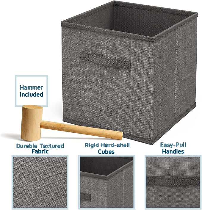 6 Cube Storage Organizer - Gray Cube Organizer Shelf, DIY Storage Cubes Organizer Shelves with Fabric Storage Cubes, Sturdy Cubbies Storage Shelves, Cube Storage Shelf for Bedroom, Playroom and More