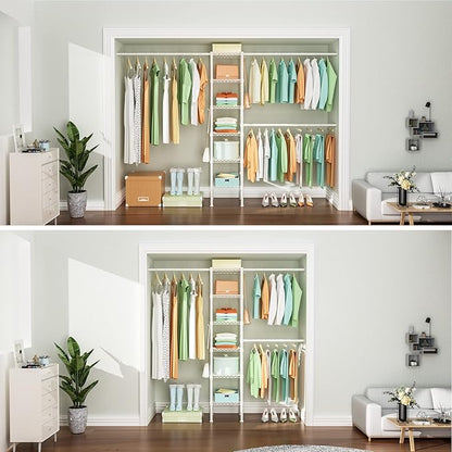 Ulif M1 Closet Storage Organizer System, 6 Tiers Heavy Duty Metal Garment Rack with 3 Expandable Hanger Rods, Wall Mounted Space Saver Suits from 5.4-8.7 ft. Width, 71.2”H x 14”D, 700LBS, White