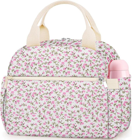 Lunch Box for Women, Cute Flower Corduroy Insulated Lunch Bag Women Reusable Work Leakproof Simple Adults Large Lunch Boxes Tote Bag Men Cooler Bag