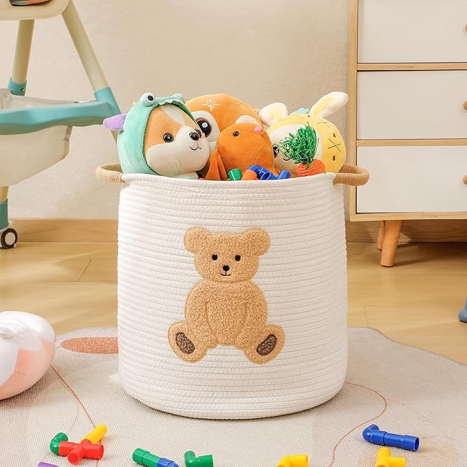 Large Blanket Baskets for Living Room Decor, Toy Storage Baskets Woven Cotton Rope Teddy Storage Basket for Kids, Dog Toys Organizer Clothes Hamper with Embroidery Decor for Nursery (Large, Bear)