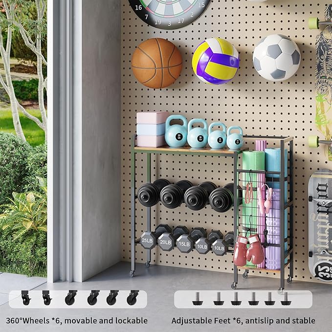 Dumbbell Rack, Gym Storage Rack, Weight Rack for Home Gym, Dumbbells, Kettlebells, Yoga Mats & More Space-Saving Home Gym Organizer