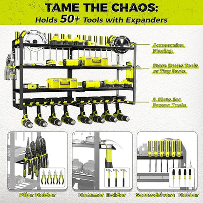 KAFAHOM Power Tool Organizer-8 Drill Holder Wall Mount,4 Layer Heavy Duty Metal Power Tool Storage Rack,Garage Tool Organizer and Storage with Screwdriver Holder/Plier Holder/Hammer Holder