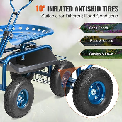 VEVOR Garden Cart Rolling Workseat with Wheels, Gardening Stool for Planting, 360 Degree Swivel Seat, Wagon Scooter with Steering Handle & Utility Tool Tray, Use for Patio, Yard, and Outdoors, Blue