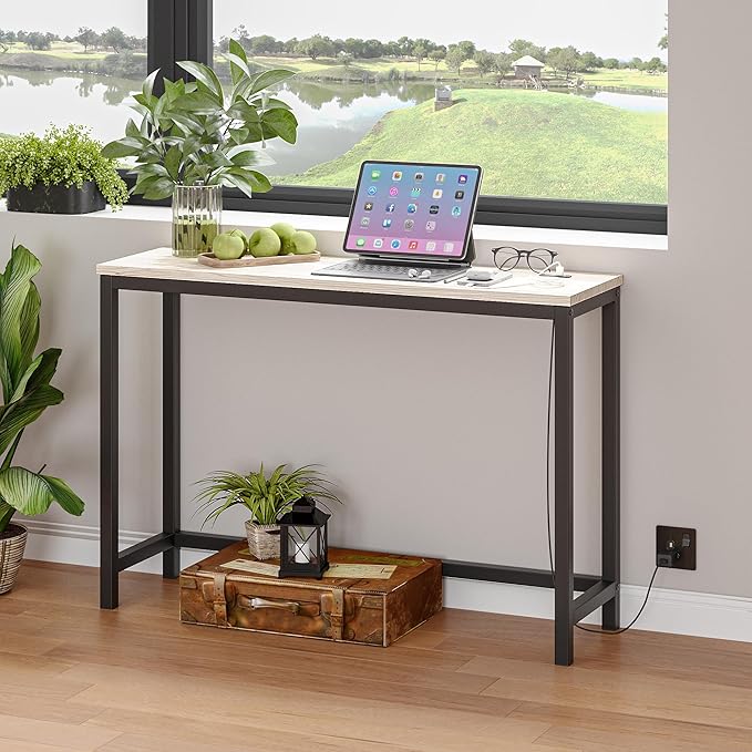 BOFENG Narrow Console Table with Outlet,Thin Sofa Table with Charging Station,41.5 Inch Small Entryway Table,for Hallway,Bedroom,Living Room,Foyer,White Oak