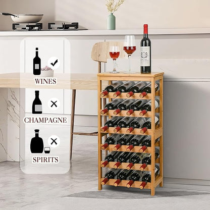 VASMIA Wine Rack Free Standing Floor, 6-Tier Display Wine Storage Shelves with Table Top, 24-Bottle Bamboo Wine Rack Shelf for Kitchen Bar Dining Room Living Room, Natural