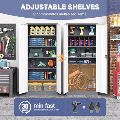 Metal Cabinet,Locking Storage Cabinet with 2 Doors and 5 Adjustbale Shelves,72" Tall Tool Steel Cabinets for Garage,Home Office,School,Gym(Grey & White)