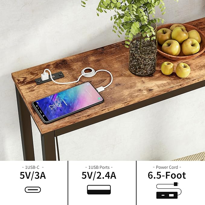 BOFENG 71.5 Inch Thin Console Table with Power Outlets,Narrow Sofa Table with Charging Station,Long Side Table Behind Sofa Couch Table for Entryway,Hallway,Living Room,Foyer,Rustic Brown