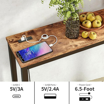 BOFENG 71.5 Inch Thin Console Table with Power Outlets,Narrow Sofa Table with Charging Station,Long Side Table Behind Sofa Couch Table for Entryway,Hallway,Living Room,Foyer,Rustic Brown