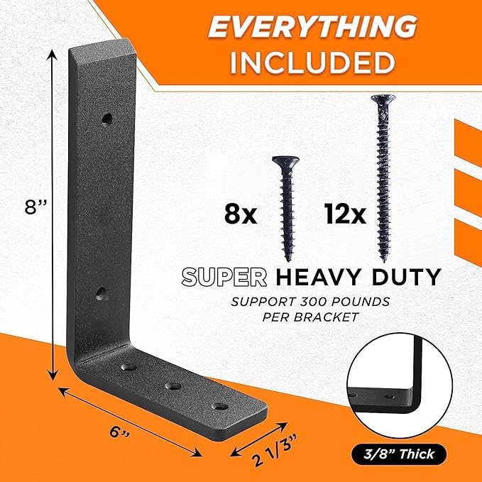 BATODA 8” Countertop Support Steel Brackets (4 PCS) for Large Granite - Heavy Duty L Floating Shelf Bracket - Black Metal Wall Mounted Support for Wood Shelving