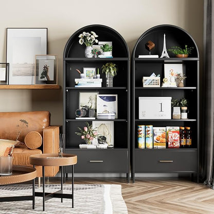 Metal Arched Bookcase Cabinet with 2 Adjustable Shelf, Black Arched Bookshelf with Drawer for Home Office Living Room,Required Assembly
