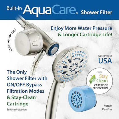 AquaCare Magneton 8-setting Magnetic Docking Hand Shower with Built-in Shower Filter - ON/OFF Filtration Modes, Instant Cartridge Reload, Stay-Clean KDF Cartridge, 6 ft. Steel Hose, Satin Nickel