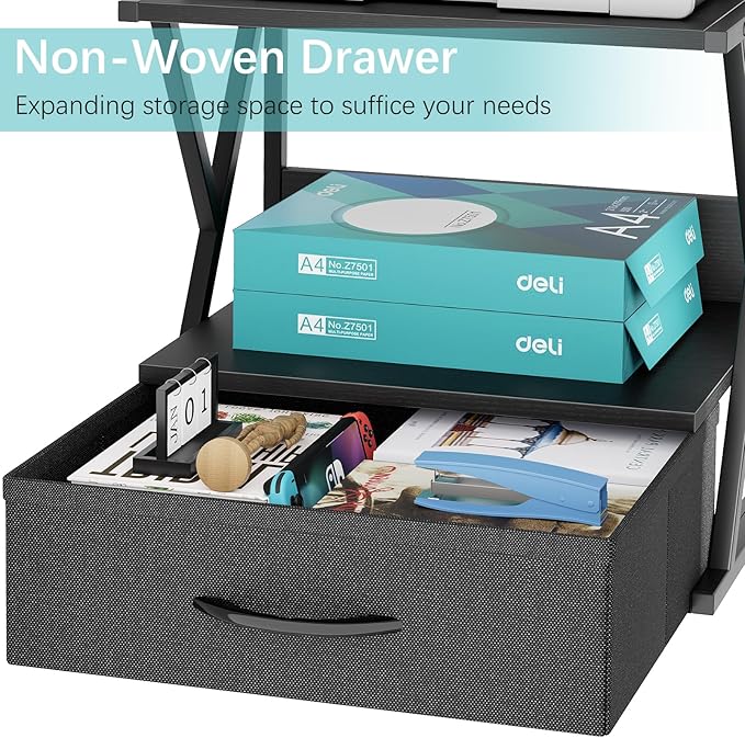 aboxoo Printer Stand for Desk with Storage Drawer, 2 Tier Desktop Or Under Desk Shelf, Multi-Purpose Desks Organizer for Home Office, fit Fax Machine/3D Printer/Scanner, Black