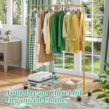 Simple Trending Standard Clothes Clothing Garment Rack with Storage Shelves, Rolling Clothes Organizer on Wheels for Hanging Clothes, Gold