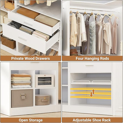 Unikito 86" Corner Closet System, Modular Closets Organizer with 4 Hanging Rods and Storage Shelves, Freestanding Adjustable Wood Clothes Garment Rack with Drawers, Sturdy Walk in Closet Tower, White