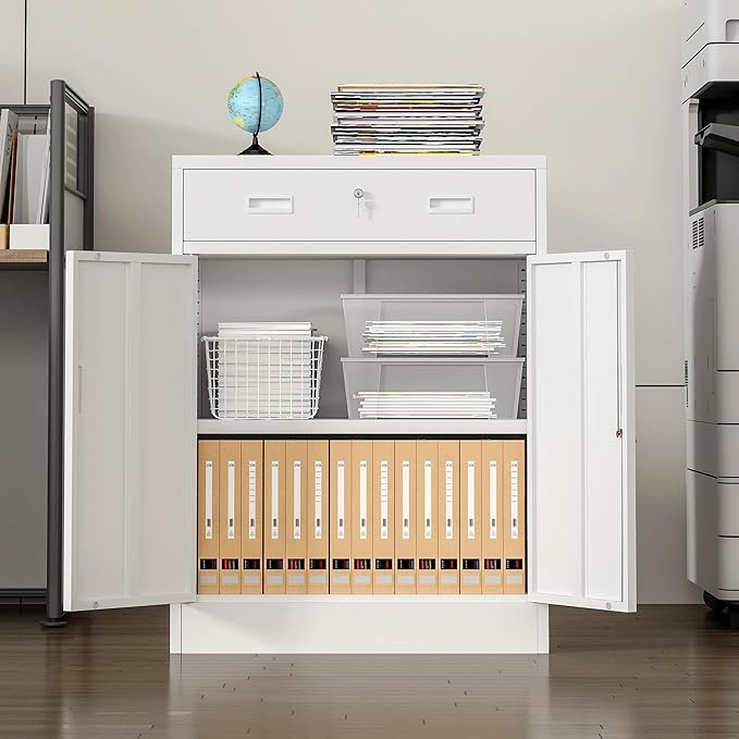 CMY Metal Storage Cabinet, Locking Storage Cabinet with 1 Drawer and Adjustable Shelf, 36.2" H x 28" W x 16" D Metal Cabinet for Office, Garage, Home-White