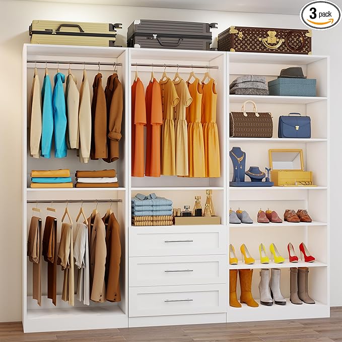 Closet System of 3 Sets, 6-15FT Closet Organizer System Wood with 3 Drawers & 7 Shelves, Walk in Closet Organizer Shelving System with 6 Hanging Rods, Modular Closet System Kits Adjustable, White