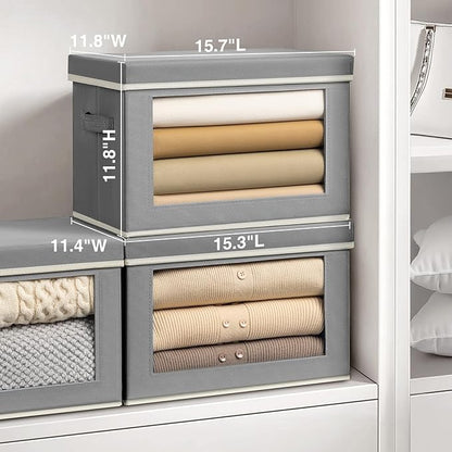 Storage Bins with Lids, 4 Pack Large Storage Cubes with Window, Closet Bins with Lids & Handles, Fabric Box for Organizing Clothes, Towels, Books, Grey