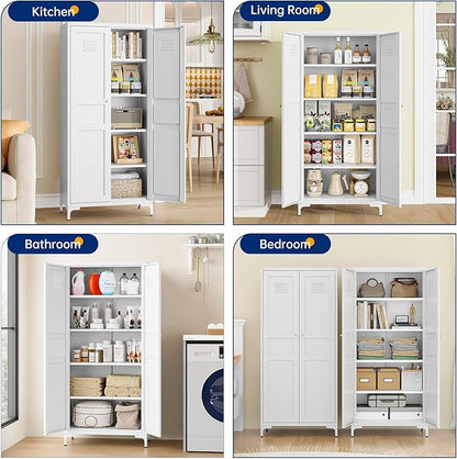 MIIIKO Storage Cabinet with Doors, Tall Kitchen Pantry Cabinet with 4 Shelves Freestanding, Metal White Cabinets for Laundry and Bathroom,14" D x 27.6" W x 61" H Tall Cupboard