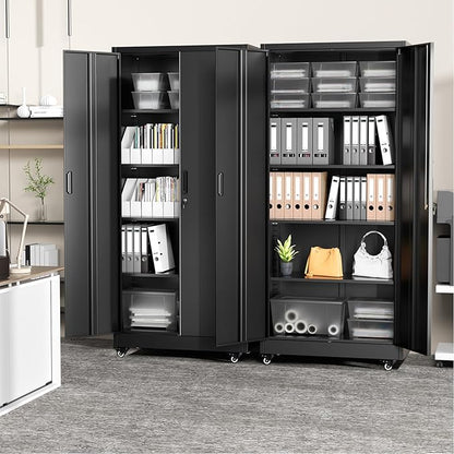 Greenvelly 73" Metal Storage Cabinet with Wheels, Lockable Rolling Metal Garage Cabinets with 2 Doors and 4 Adjustable Shelves, Rolling Tool Cabinet for Garage, Home Office, School