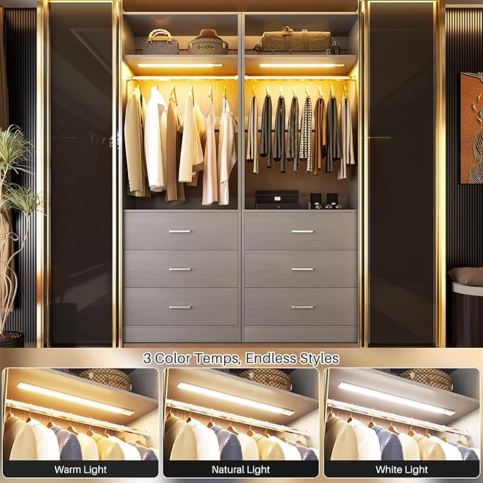 8FT Closet System with 4 Motion Sensor LED Lights, 96" Closet Systems with 12 Drawers, Closet Organizer System with 4 Hanging Rods & 4 Shelves, Heavy Duty 96 Inch Walk-in Closet, Grey