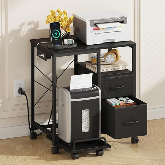 YAOHUOO Printer Stand with Power Outlet/Fabric Drawers, Printer Cabinet with Storage Shelf and Rolling Shredder Stand, Printer Table for Home Office, 22.8"×15" Black