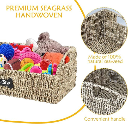 Pet Dog Toy Basket,Wicker Baskets with Built-in Handles,Dog Toy Bin,Farmhouse Puppy Toys Box,Dogs Storage Organizer for Leash Blanket Toys Snacks,Handwoven Seagrass Basket