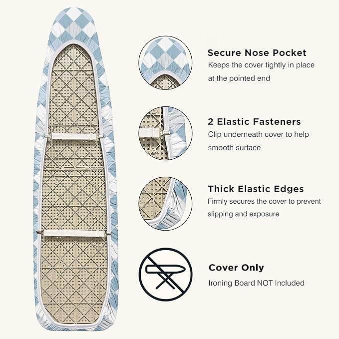 Ironing Board Cover and Pad 15"x54" Extra Thick Natural Cotton, Scorch and Stain Resistant Padding, Standard Size Iron Board Cover with Fasteners Heavy Duty Elastic Edge, Heatproof Checkered