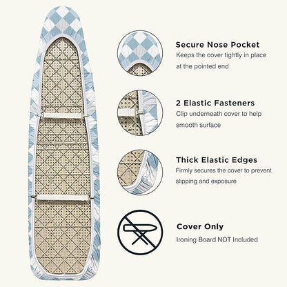 Ironing Board Cover and Pad 15"x54" Extra Thick Natural Cotton, Scorch and Stain Resistant Padding, Standard Size Iron Board Cover with Fasteners Heavy Duty Elastic Edge, Heatproof Checkered
