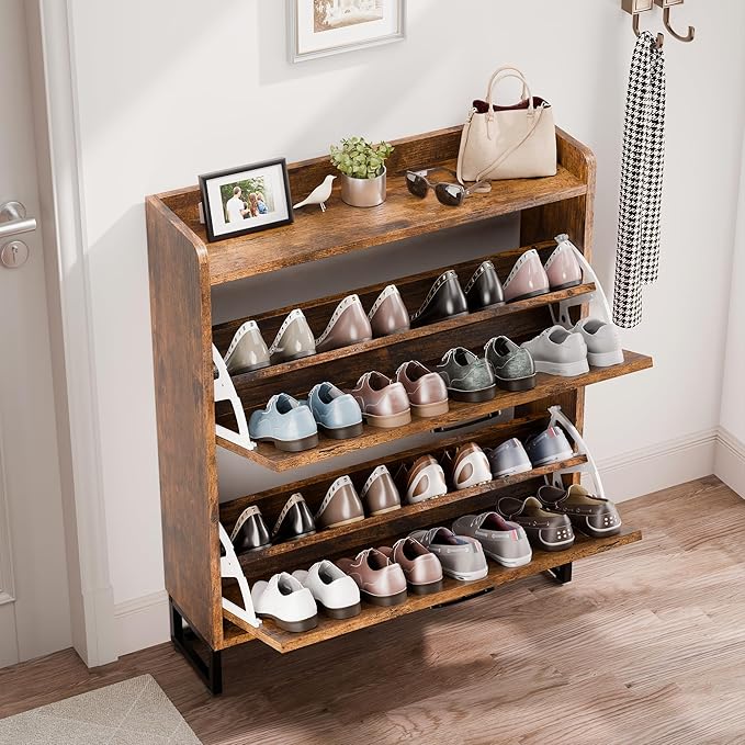 Betterhood Entryway Shoe Cabinet with 2 Flip Drawers, Farmhouse Slim Shoe Rack, Freestanding Hidden Shoe Organizer with Metal Legs, Shoe Cabniet for Entryway with Storage, Hallway, Foyer, Brown