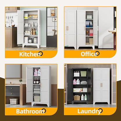 61"H Metal Pantry Cabinet with 2 Doors and 3 Adjustable Shelves,Food Storage Cabinet with Gold Handle for Kitchen,Dinning Room,Home Office,Living Room,Easy Assembly (White,61"H x13.8"D x27.6"W)