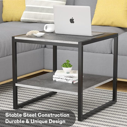 Homieasy End Table, 20 Inch Square End Table, Mini Fridge Stand with 2-Tier Storage Shelves, Industrial Wood Side Table Small Table Stand for Living Room, Bedroom, Office, Light Oak