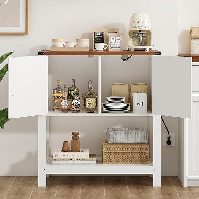 Entryway Console Table with Power Outlets and USB Port, Coffee Bar Cabinet with Doors, Farmhouse Kitchen Cabinets Sofa Table with Storage for Hallway, Foyer, Living Room, Deep Walnut Panel