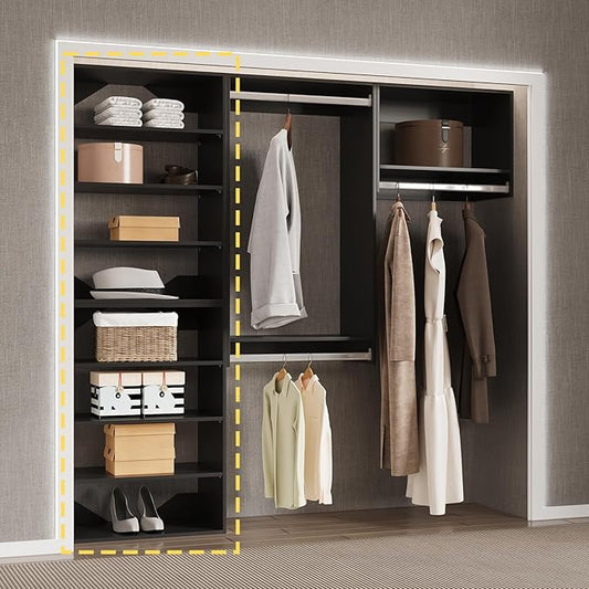 Short Tower Closet Unit, Modular Closet System, Wood Closet System Organizer with Storage for Walk In Closets, Clothing Rack Wardrobe for Hanging Clothes, Bedroom, Black, 25.5"W