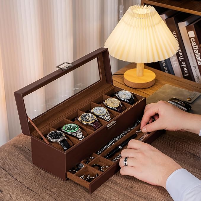 ProCase Watch Box, 6 Slot Watches Display Case with Drawer, Mens Watch Case with Glass Lid, 2-Layer Mens Jewelry Organizer Storage Holder, Birthday Valentine Gifts for Men -6 Slot, Espresso