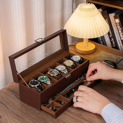 ProCase Watch Box, 6 Slot Watches Display Case with Drawer, Mens Watch Case with Glass Lid, 2-Layer Mens Jewelry Organizer Storage Holder, Birthday Valentine Gifts for Men -6 Slot, Espresso