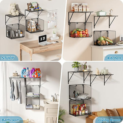 2 Pack Laundry Room Shelves Organization and Storage,Wall Mounted Clothes Drying Rack with Wire Mesh Basket Over Washer and Dryer, (Black, 2 Pack)