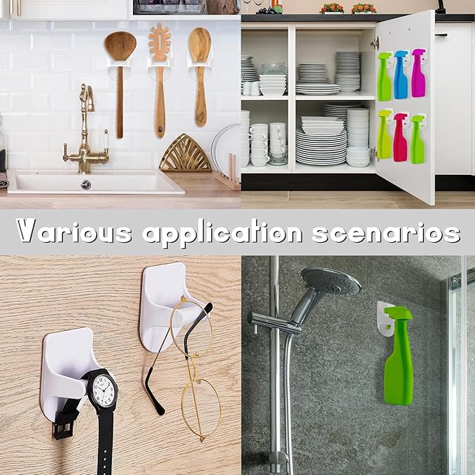 Taiyin 8 Pcs Wall Mount Spray Bottle Hooks Holder Spray Bottle Hanger Adhesive Hook to Create Storage Space Rack Organizer Hanger for Cabinet Kitchen Variety Surfaces (White)