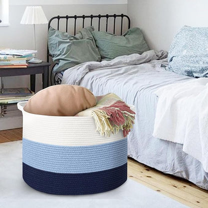 Large Kids Toy Basket, 22" x 14" Soft Woven Cotton Rope Basket, Toy Storage Bin for Kids, Big Baby Nursery Organization, Floor Stuffed Animal Storage, Blanket Pillow Holder for Living Room