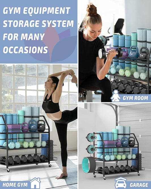 Weight Rack for Dumbbells - Home Gym Storage Rack - Dumbbell and Weight Organizer with 4 Flexible Wheels and Unique Storage on Both Sides