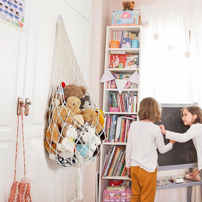 Stuffed Animal Storage Organizers Toy Hammock Corner Hanging Net Stuffy Animal Hammock Macrame Toy Display Plush Toy Holder Wall, Kid Bedroom Decor Boho Nursery Playroom Organizer (Cream XL)