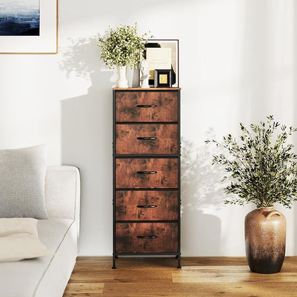 Sweetcrispy 5 Drawer Dresser with Fabric Bins, Sturdy Steel Frame and Wood Top, Storage Organizer Chest for Bedroom, Closet, Hallway, Brown