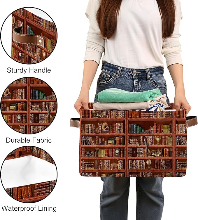 Vintage Cat Storage Bins, Cat on a Book Collapsible Storage Bin with Handles, Cute Kitten on Bookshelf Canvas Organizer for Kids Clothes, Gifts, Books, Toys